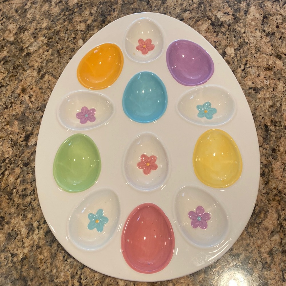 Ceramic Easter egg holder platter Holds dozen eggs or deviled eggs About 10 x 12